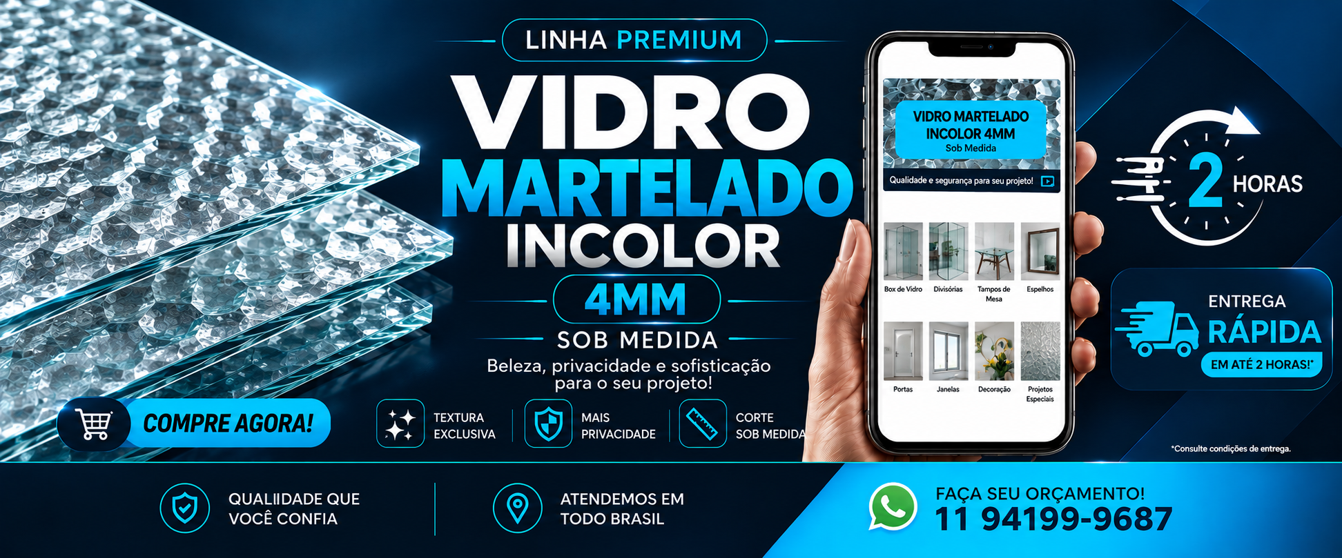 vidro martelado incolor sob medida